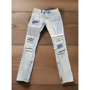 mnml Men's Size 31 Light Wash Patchwork Distressed Jeans Zipper Hem Skinny